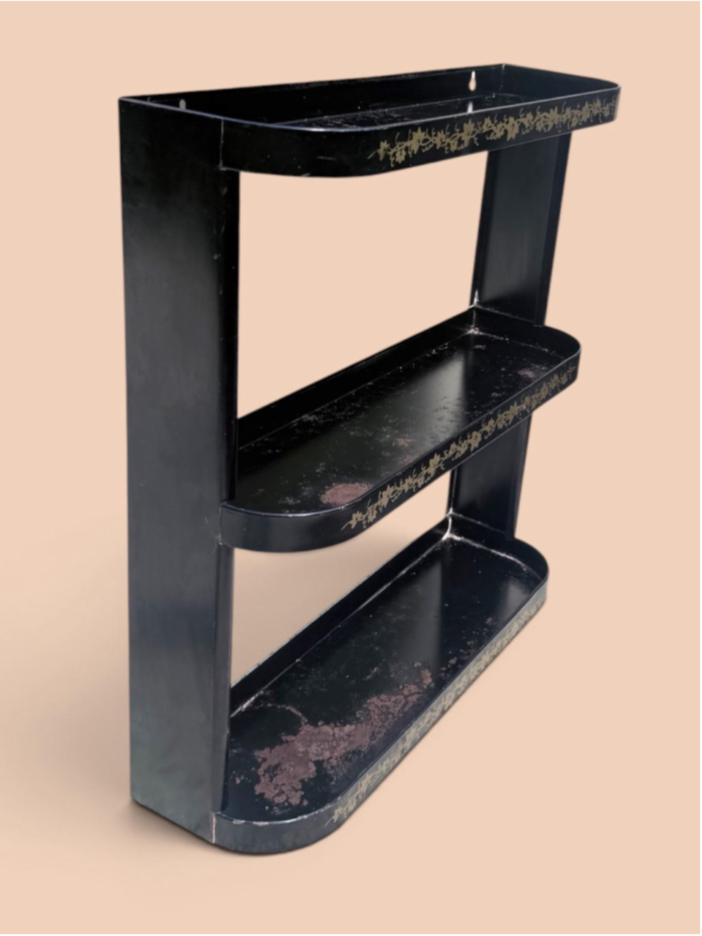 Vintage Black Metal Wall Shelf 3 Tier Gold Ivy Spice Rack Chippy Patina Cottage - Picture 5 of 10